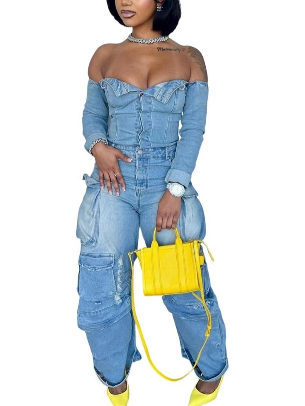 Stylish Off-Shoulder Denim Jumpsuit for Women | Long Sleeve Wide Leg Romper